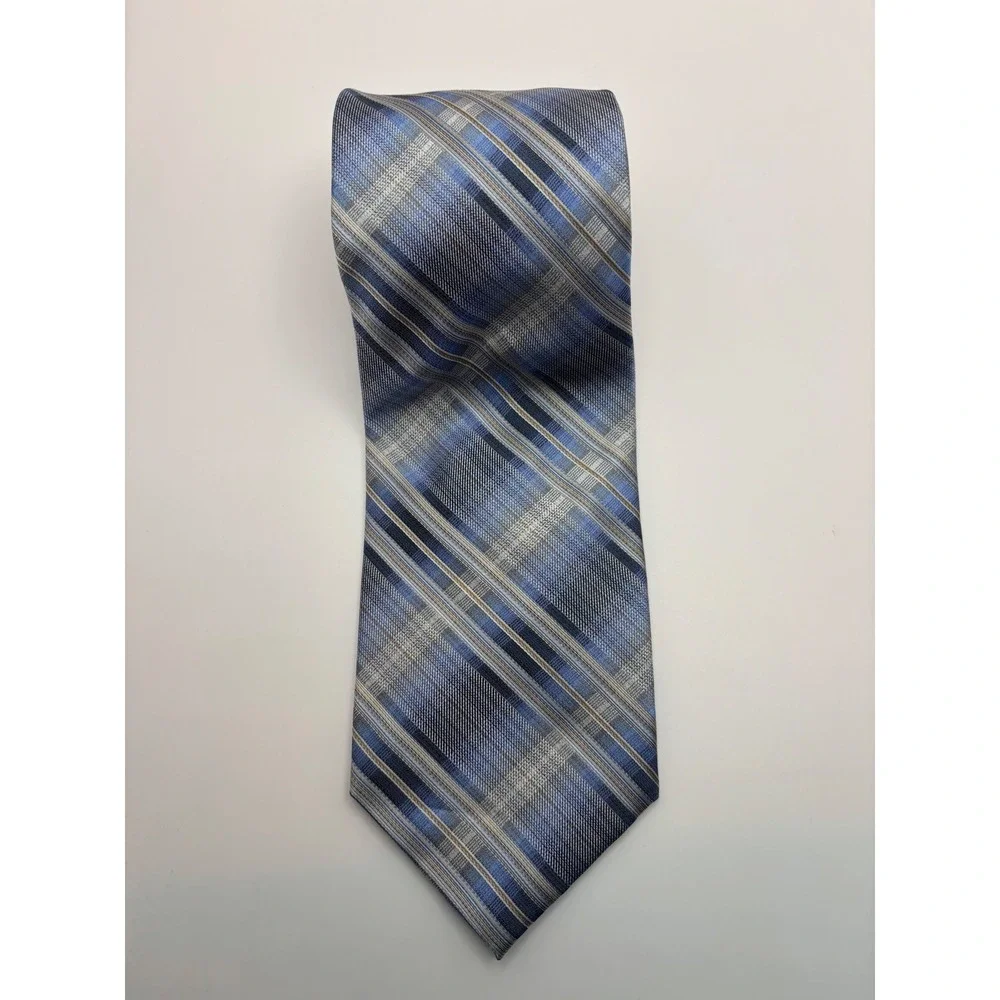 Van Heusen Mens Blue Grey Plaid Silk Necktie Stain Resistant Handmade Tie